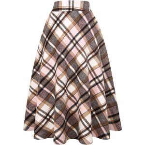 Womens Long Pink 7New Elastic Waist A-Line Pleated Tartan Long Plaid Wool Skirts